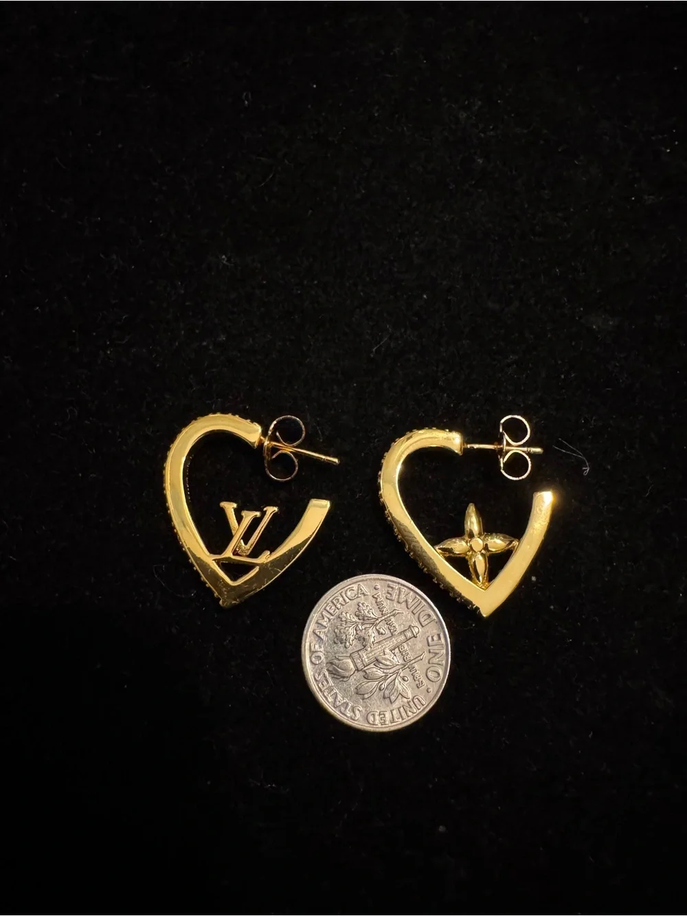 Louis Vuitton Gold Heart Stud Earrings with LV & Monogram Flower